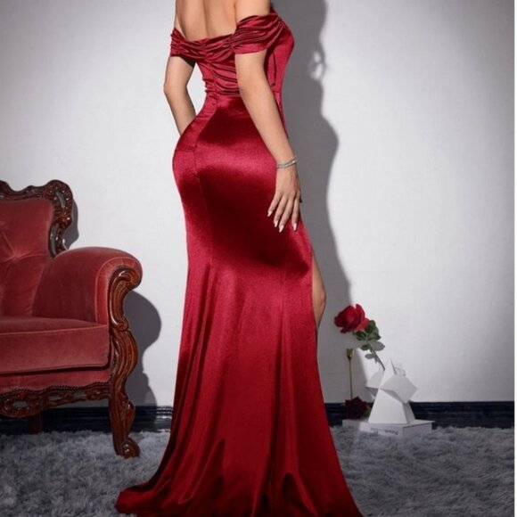 burgandy satin off shoulder split thigh dress elegant festive holiday party chic - Picture 4 of 5